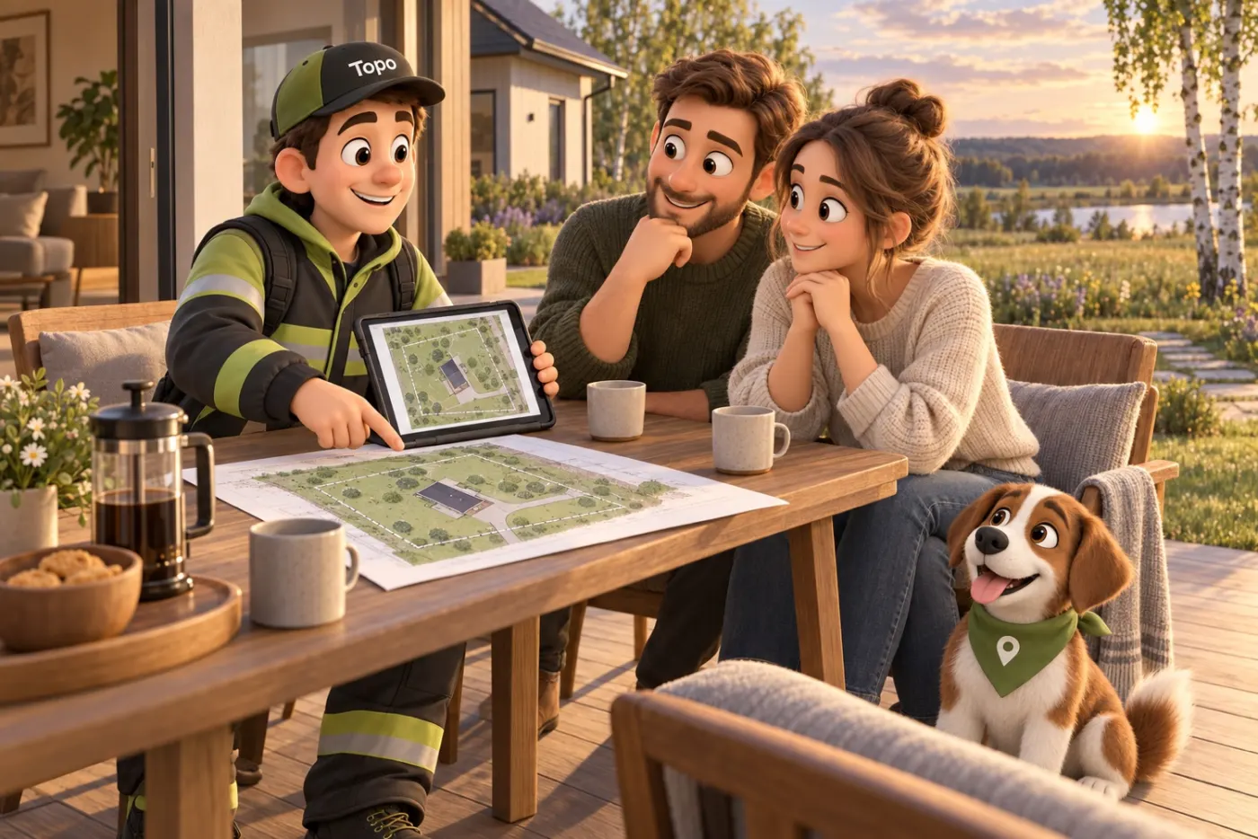 Topo the surveyor explains the finished plan to a family on their terrace, with Topo the dog sitting beside them.