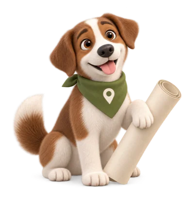 Topo, the friendly TopoDraugs dog, with a rolled-up plan.