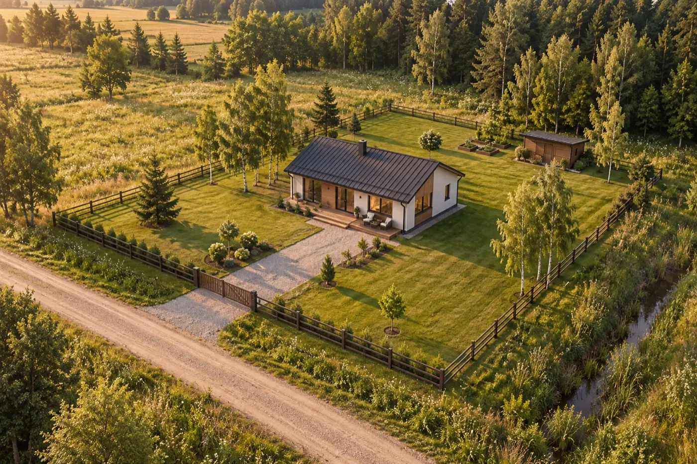 A rural property from above: house, driveway, birches, fence and ditch.