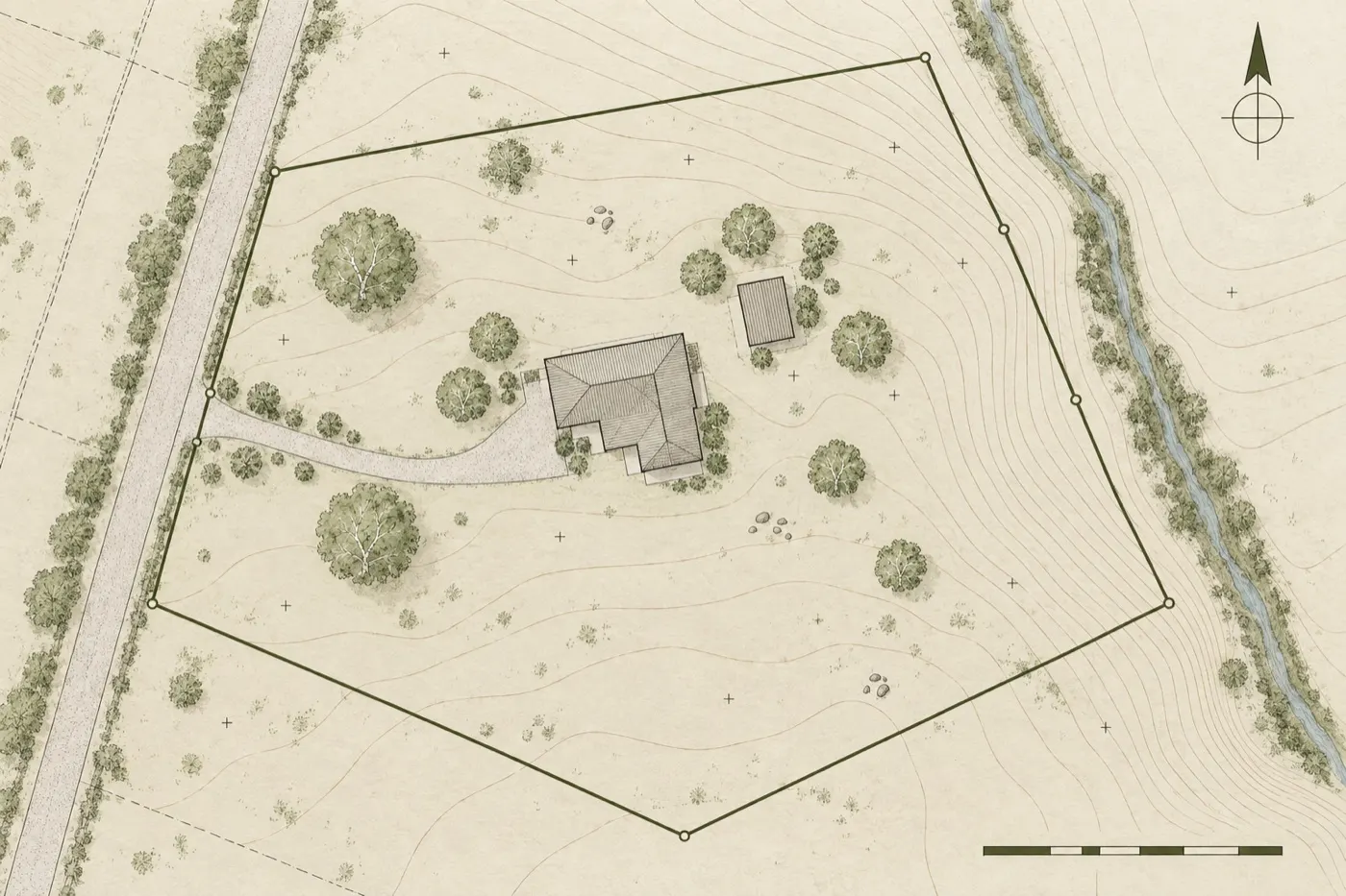 A topographic plan of the same property with the boundary, buildings, trees and contour lines.