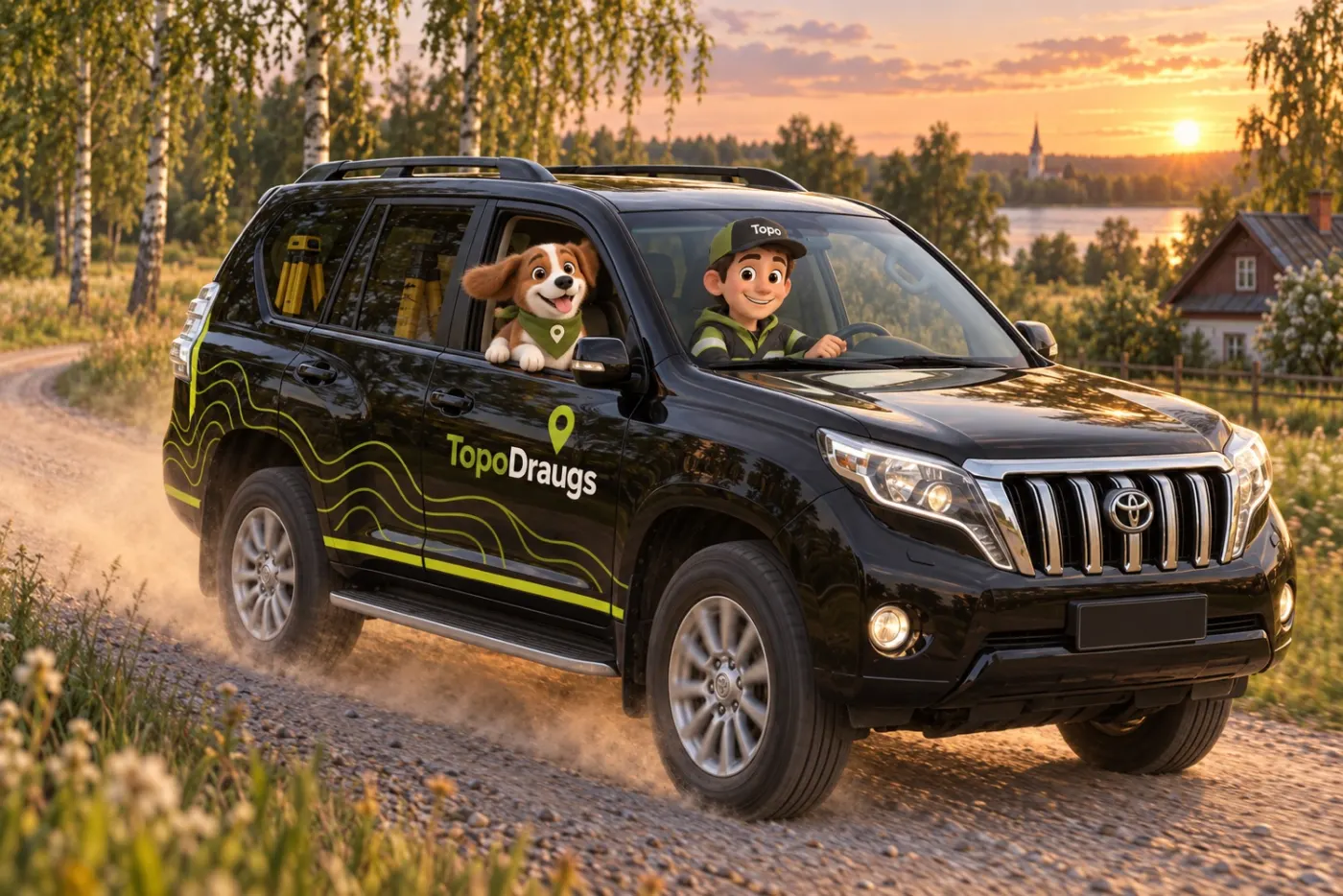 Topo the surveyor drives the TopoDraugs car along a country road, with Topo the dog at the window.