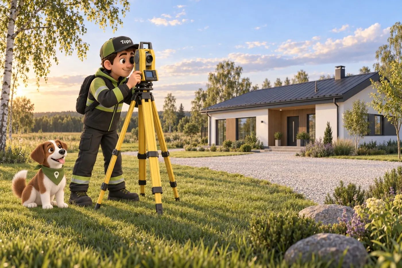 The surveyor measures a newly built house with a total station while Topo the dog sits nearby.