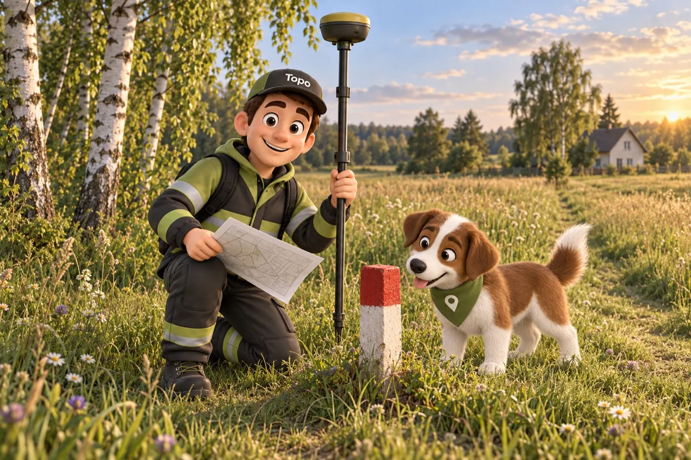 The surveyor at a boundary marker with a land plan; Topo the dog points at the marker post.
