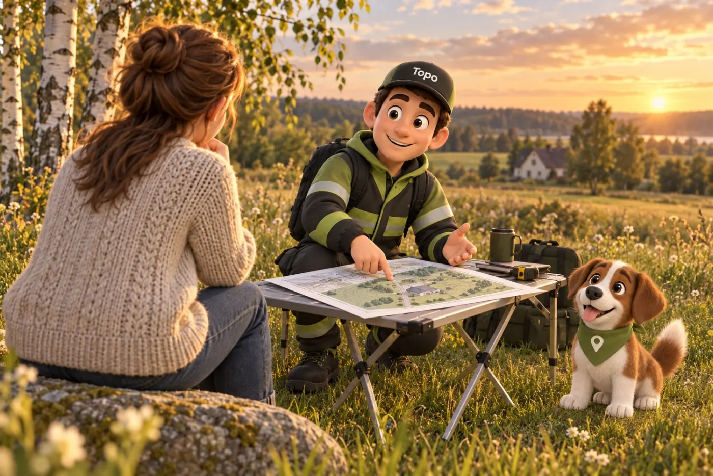 The surveyor discusses a property plan with a customer, with Topo the dog beside them.
